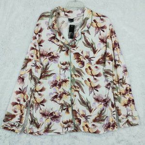 Felina Womens Pajama Top White Multicolor Floral Stretch‎ Collared Button XL New